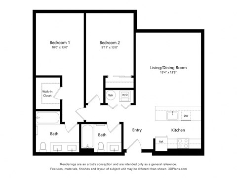 Floor plan for 2 beds, 2 baths, 930 sqft